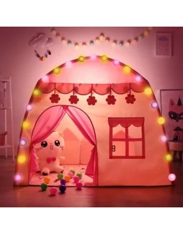 Детска палатка със светещи гирлянди от памучни топки розова